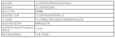 王靖与乔培涛离任方正富邦鸿远债券基金