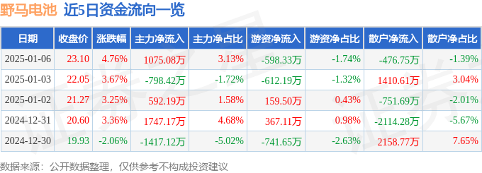 异动快报：野马电池（605378）1月6日14点28分触及涨停板